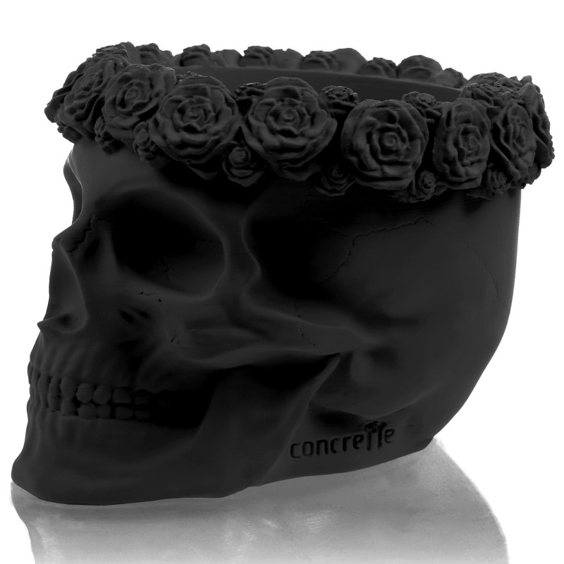 Concrete Flower Pot Skull Flowers Ø9cm Black Matt