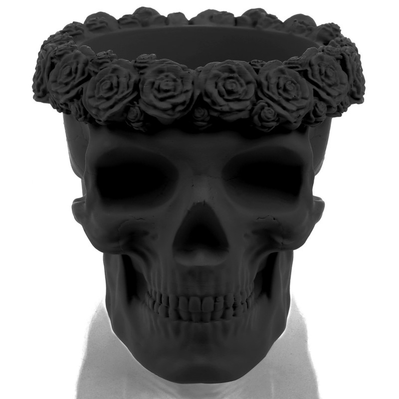 Concrete Flower Pot Skull Flowers Ø11cm Black Matt